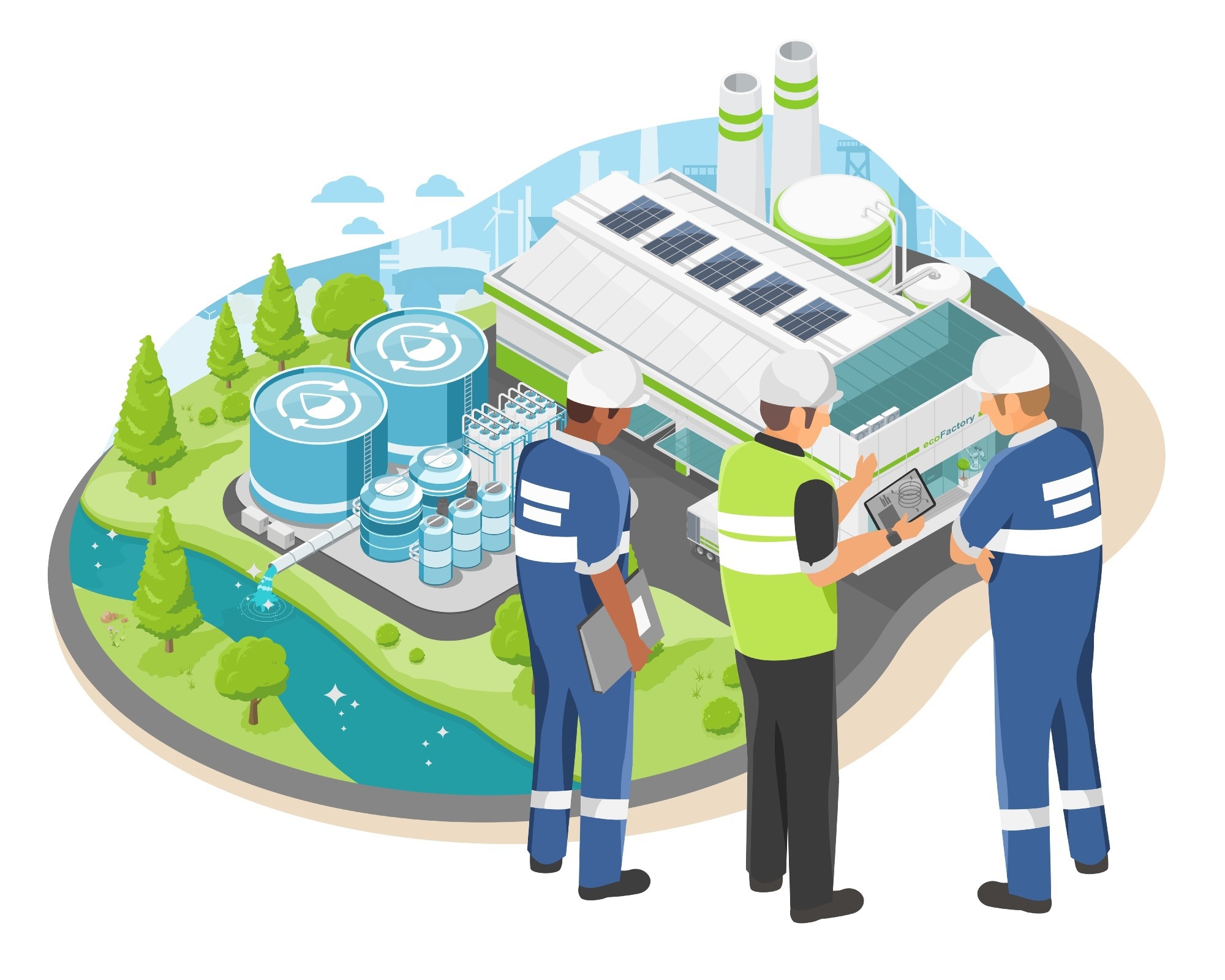 Illustration of three industrial workers wearing safety gear, including helmets and reflective clothing, inspecting a modern eco-friendly factory. The factory features solar panels on the roof, large storage tanks, and a nearby water source, with green trees and wind turbines in the background, symbolizing sustainable industrial practices. One worker is holding a tablet while discussing with the others.