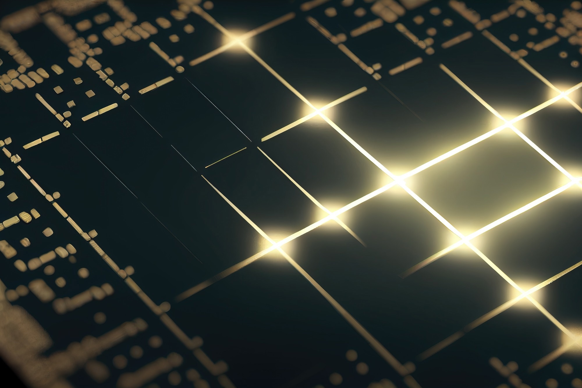 A close-up image of a photonic integrated circuit (PIC) with glowing lines and light reflections, illustrating the concept of photonic computing and high-speed data transmission in microelectronics.