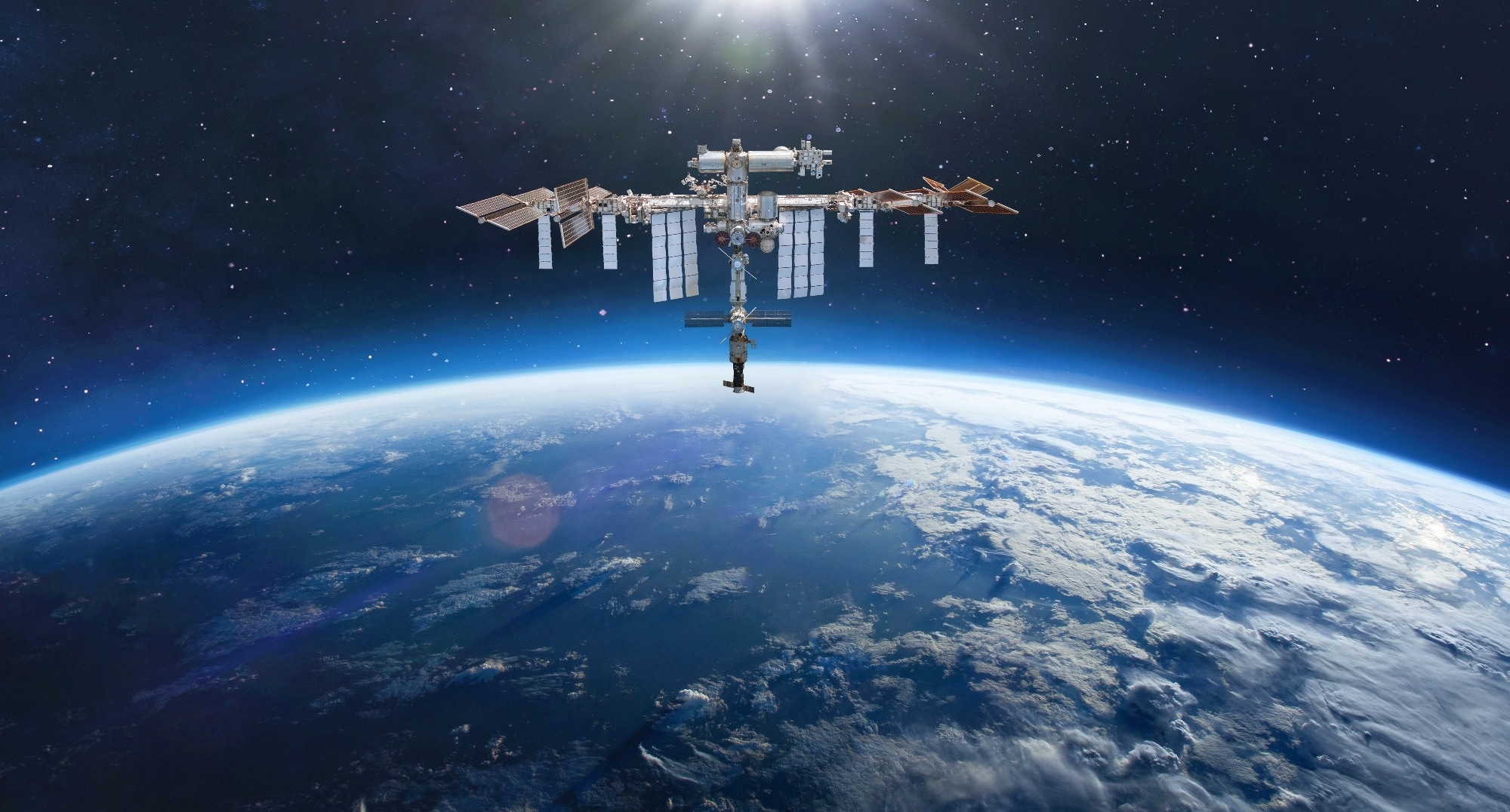 Space station on orbit of Earth planet.
