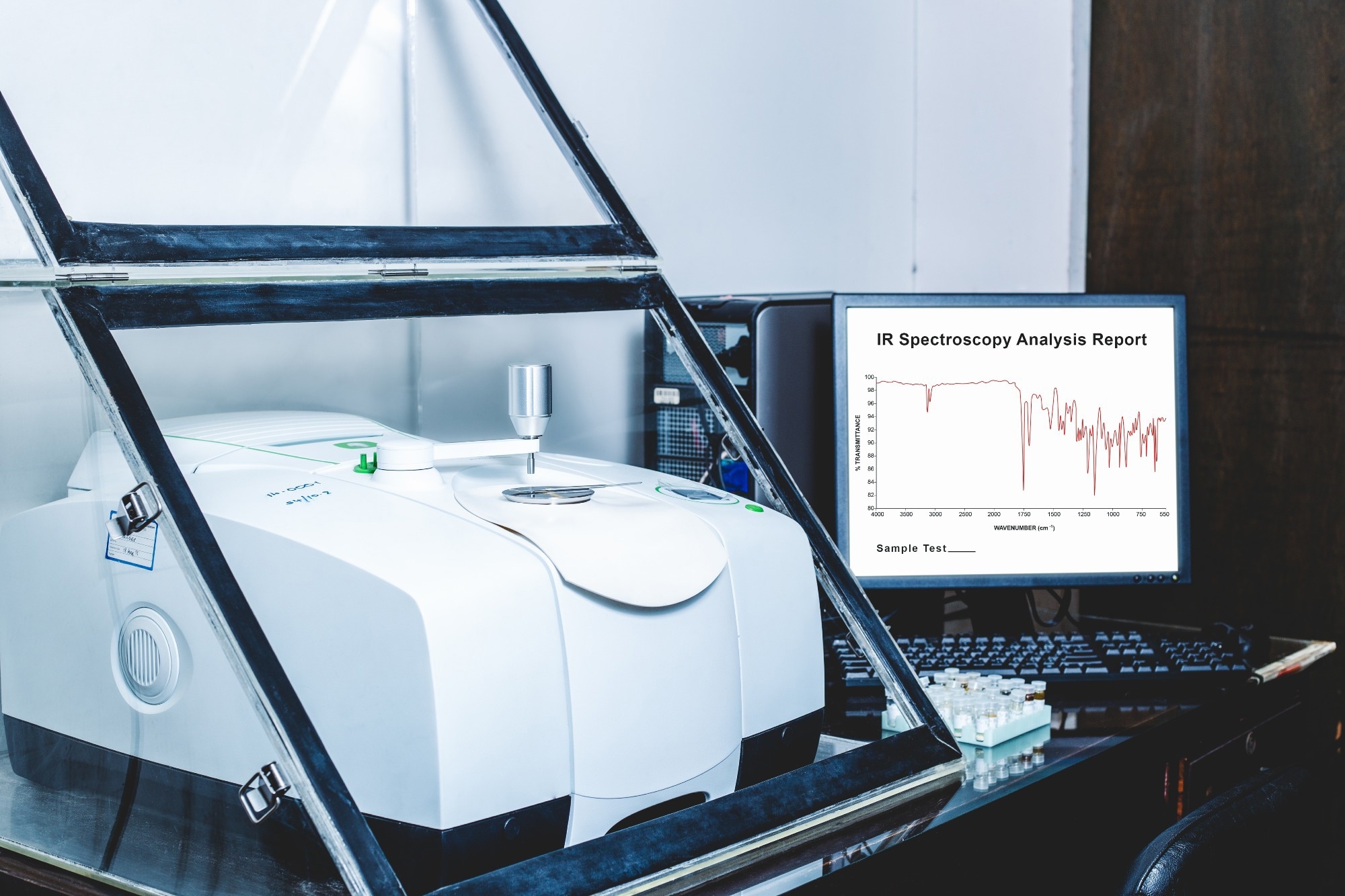 Fourier Transform Infrared Spectroscopy FTIR instrument with the IR spectrum of sample was analysed as shown on the monitor.