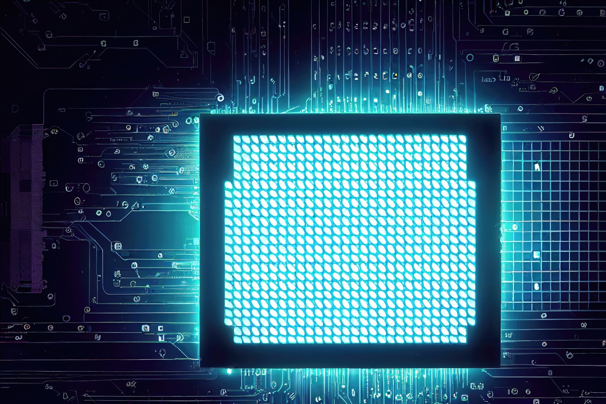 Close-up digital illustration of a glowing blue photonic chip embedded in a circuit board. The background features a dark motherboard pattern with illuminated circuitry.