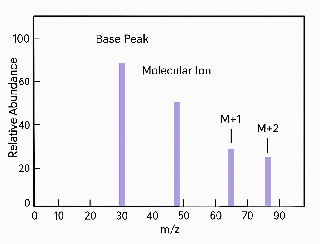 Example of a stylized mass spectrum highlighting key features