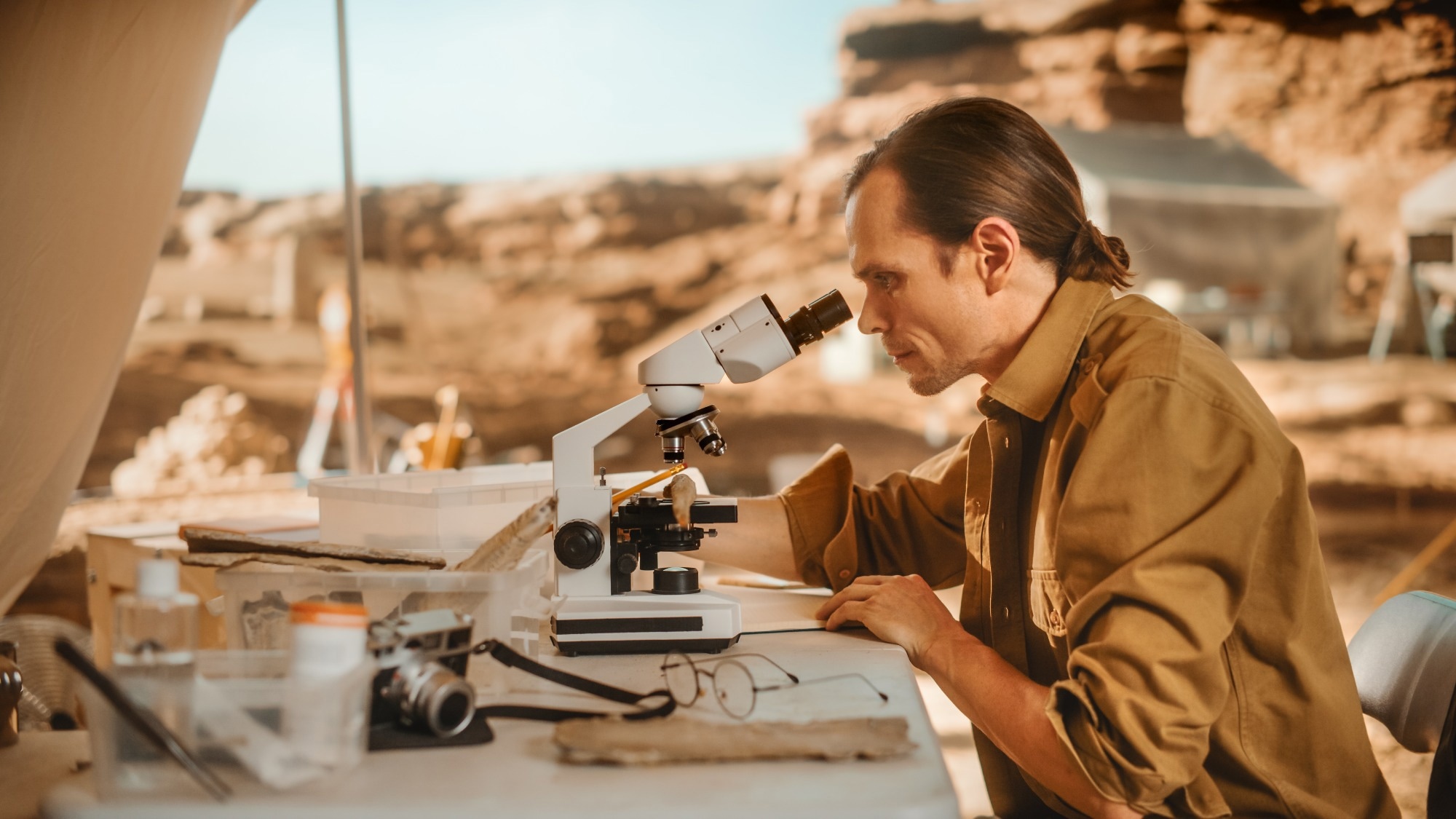 Researcher examining samples under a microscope in a field setting