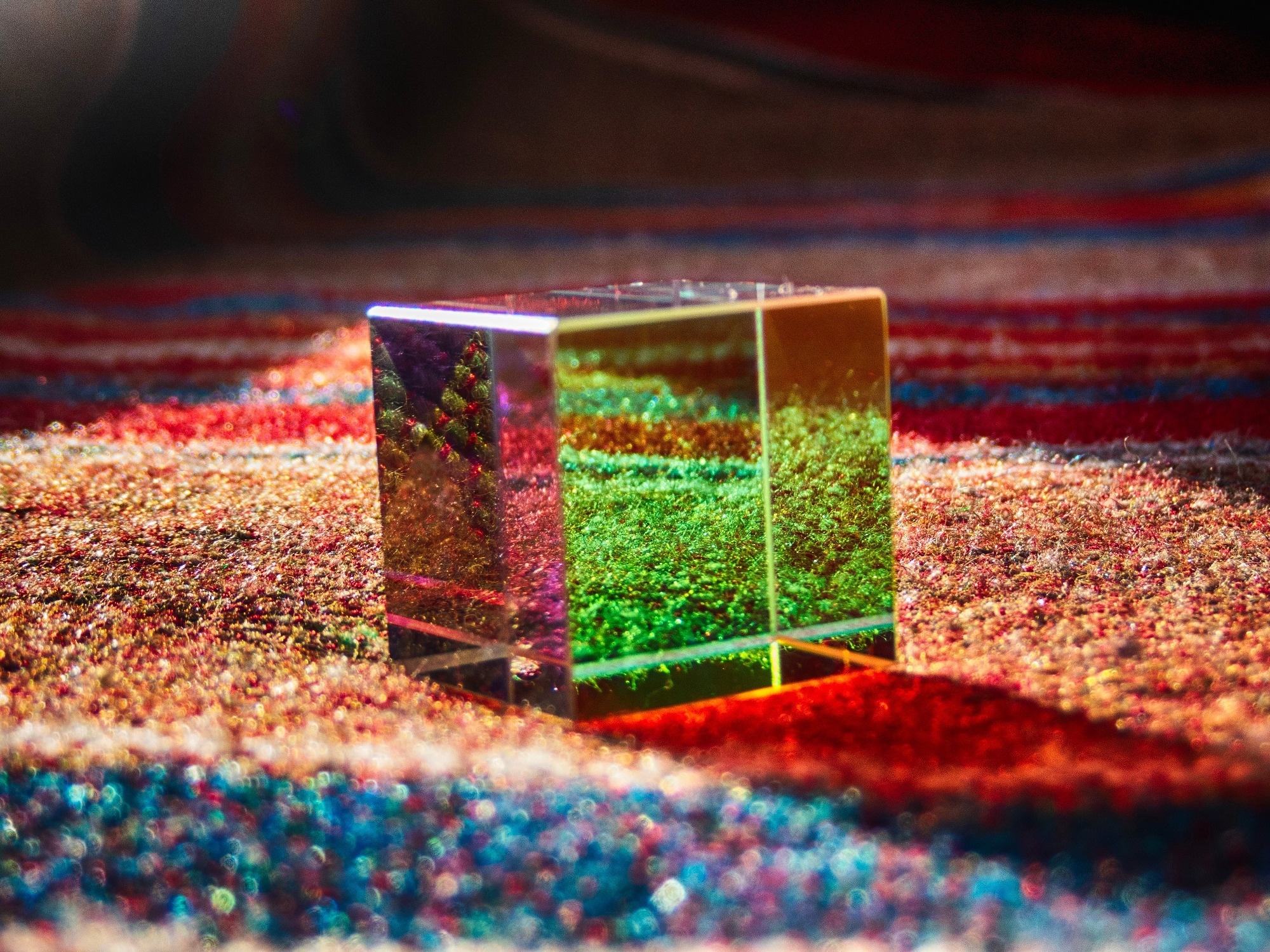 A picture of a prism, illustrating the changes of light as it travels through a material