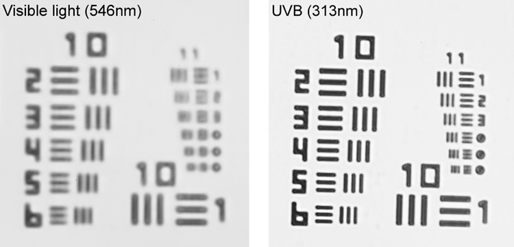 100x immersion objective lens optical images of the Newport HIGHRES-1 target sample imaged in Visible Light (left) and UV (right).