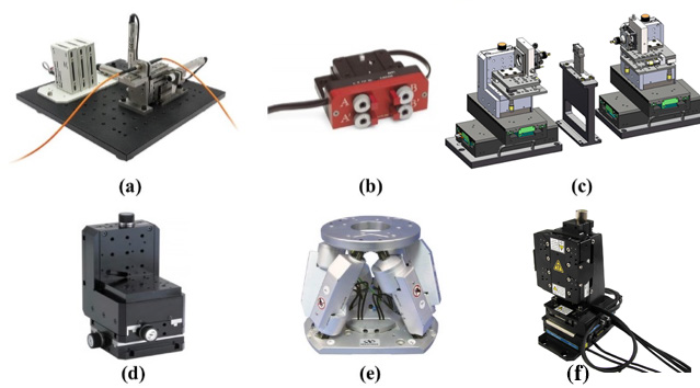 Manual and motorized motion stages: (a) Single fiber, single-end configuration with MKS 562 manual stages and CONEX-TRA actuators; (b) MKS 8071 4-axis aligner driven by Picomotor™ piezo actuators; (c) Double-sided configuration with MKS VP-25 and XMS stages; (d) MKS VP-25XA-XYZL integrated specifically for fiber alignment; (e) MKS HXP50 hexapod with horizontal and vertical beam paths; (f) MKS MLT-25XYZL/R integrated direct drive stages designed for fiber alignment.