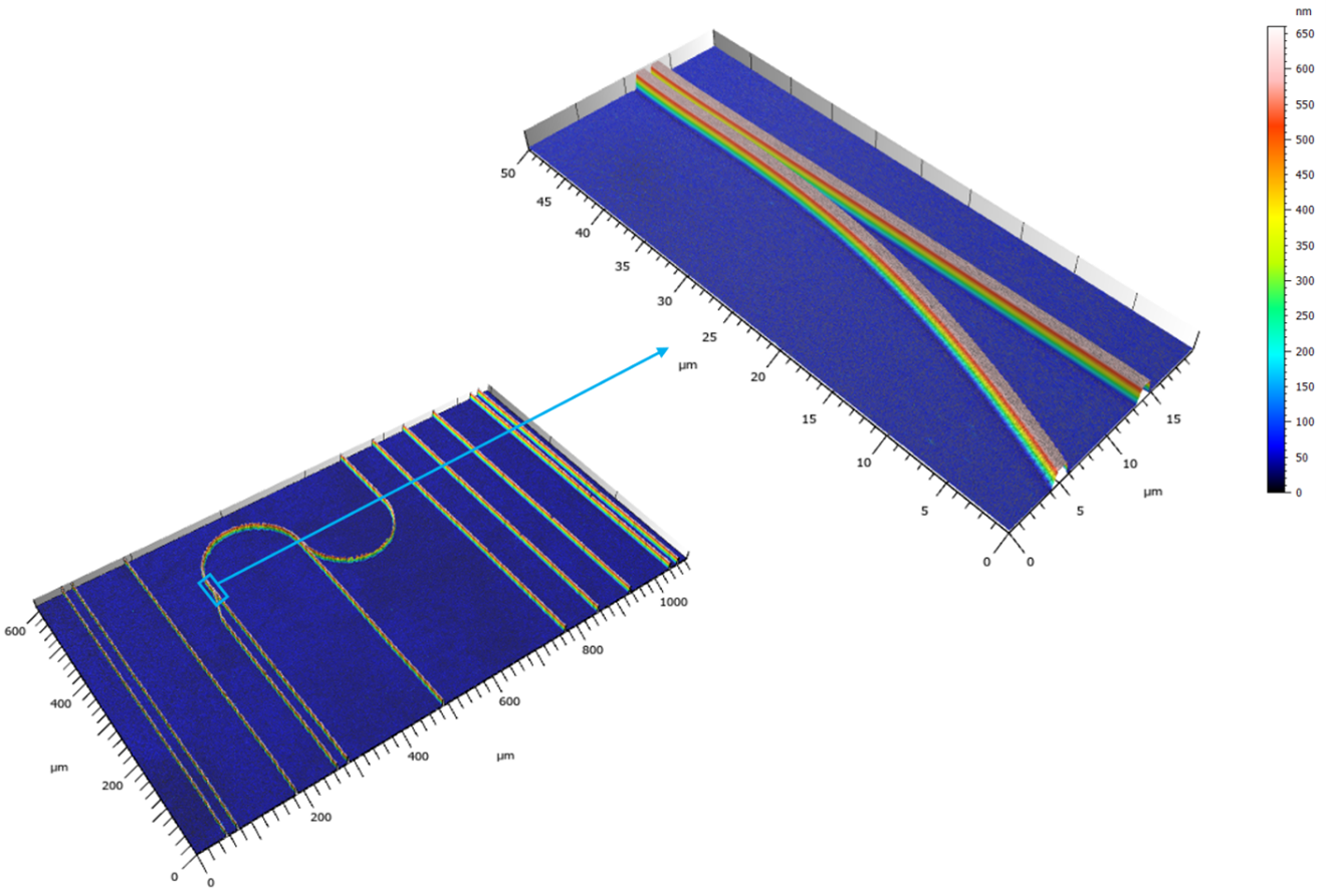 3D scans of a lithium niobate PIC. The bottom-left measurement covers 1100 µm × 600 µm and captures the broader waveguide layout and coupling region, while the top-right scan covers 20 µm × 50 µm and provides a localized view of the waveguide spacing and topography