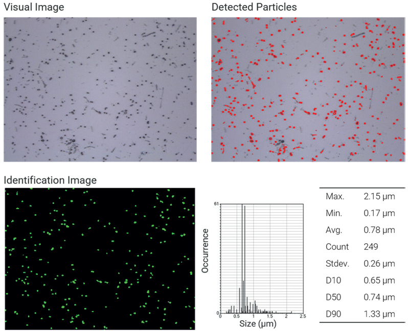 NP analysis particle by particle. Top left: Visual image of nanoplastics (100x objective lens). Top right: Map of detected particles based on visual contrast. Bottom left: Identified polystyrene particles based on the Raman spectrum. Bottom right: Particle and size statistics.