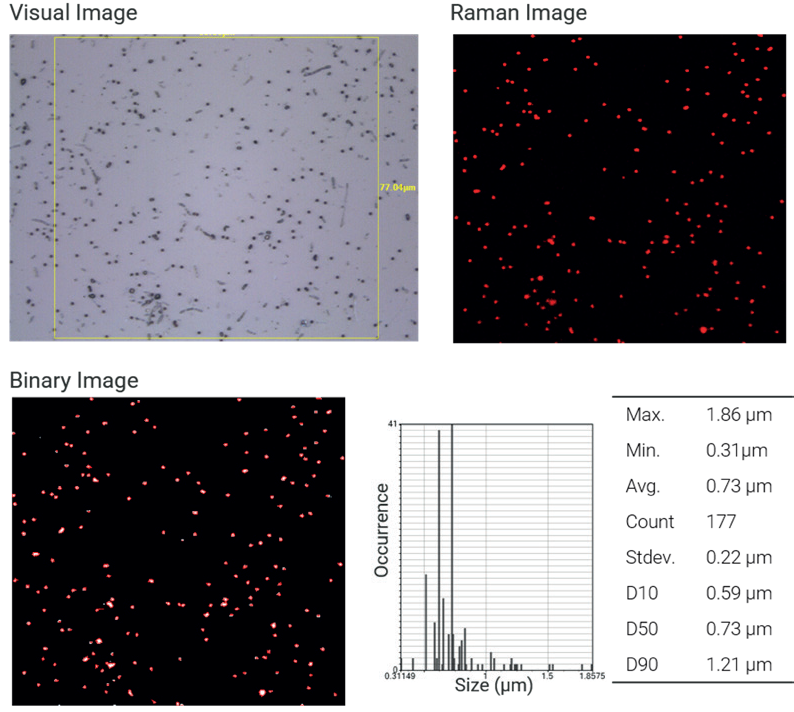 NP analysis by imaging. Top left: Visual image of nanoplastics with region of interest (100x objective lens). Top right: Raman image of polystyrene particles based on correlation analysis. Bottom left: Binarization of the Raman image to extract particle statistics. Bottom right: Particle and size statistics