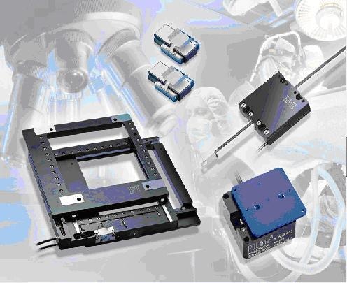 Variety of piezo-ceramic motion control devices for use in bio-medical applications: XY microscope stage, miniature stage, RodDrive pusher and sub-miniature slides.
