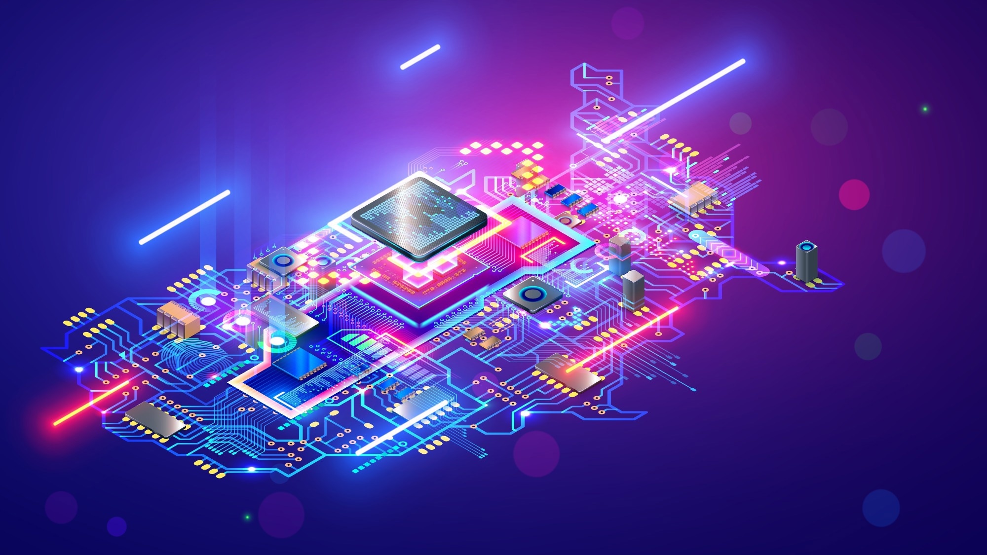A digital illustration of a microchip with glowing circuitry and data flow, representing advancements in nanophotonics, quantum computing, and high-performance computing.