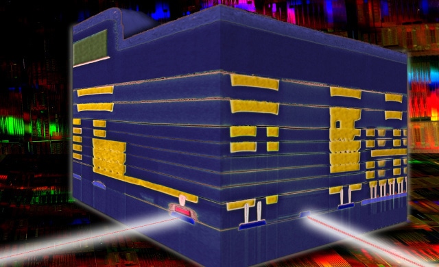 Cross-sectional view of a hybrid electronic-photonic processor chip.