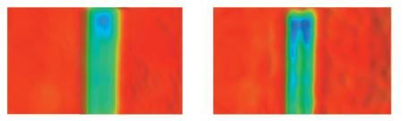 All the images have the same vertical scale of 2nm (red) to -8nm (blue). Standard PSI Measurements (left) and AcuityXR PSI Measurements (right) of 200, 150, and 130nm linewidth features. The two 130nm lines are indistinguishable in standard PSI measurements, but AcuityXR PSI is able to separate the two features.