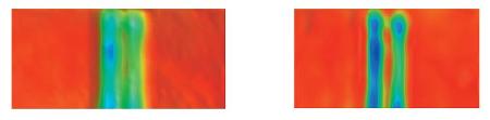 All the images have the same vertical scale of 2nm (red) to -8nm (blue). Standard PSI Measurements (left) and AcuityXR PSI Measurements (right) of 200, 150, and 130nm linewidth features. The two 130nm lines are indistinguishable in standard PSI measurements, but AcuityXR PSI is able to separate the two features.