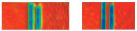 All the images have the same vertical scale of 2nm (red) to -8nm (blue). Standard PSI Measurements (left) and AcuityXR PSI Measurements (right) of 200, 150, and 130nm linewidth features. The two 130nm lines are indistinguishable in standard PSI measurements, but AcuityXR PSI is able to separate the two features.