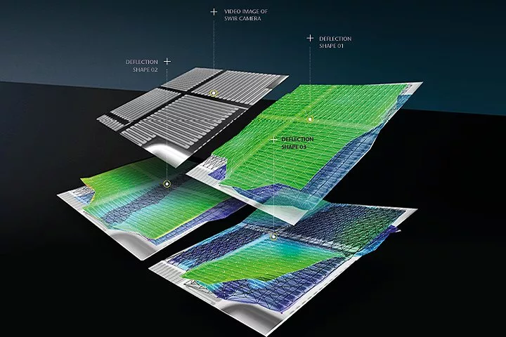 2-axis accelerometer (FHG ENAS) pure SWIR camera image plus operational deflection shapes captured with scanning laser Doppler vibrometer.