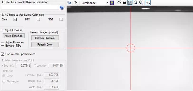 Field of view of the integrated spectrometer shown as a circle in the center of the measurement image in software, located at a specified x, y measurement point.