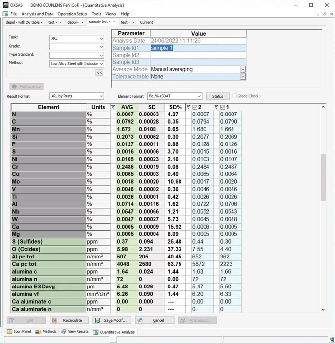 Result display of a two-run advanced inclusion analysis combined with elemental analysis of a low alloy steel sample.