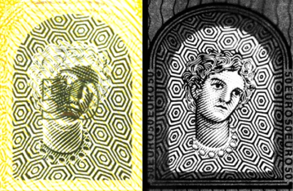 Visible (Left) vs QCL-IR (Right) reflection mosaic image of a 50 Euro note.