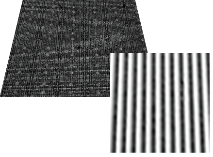 Background: IC chip topography with overlay of automated optical inspection (AOI) image Foreground: 1 μm periodic polymer grating.