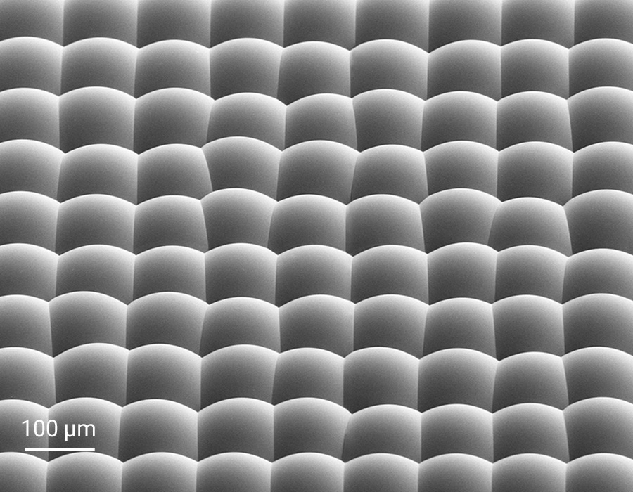 The random microlens array of this master template was printed by multiphoton lithography using Two-Photon Grayscale Lithography 2GL<sup>®</sup>. The microlens array with a fill factor of 100% is an excellent example of smooth surfaces with optical quality and can be used for diffuser applications