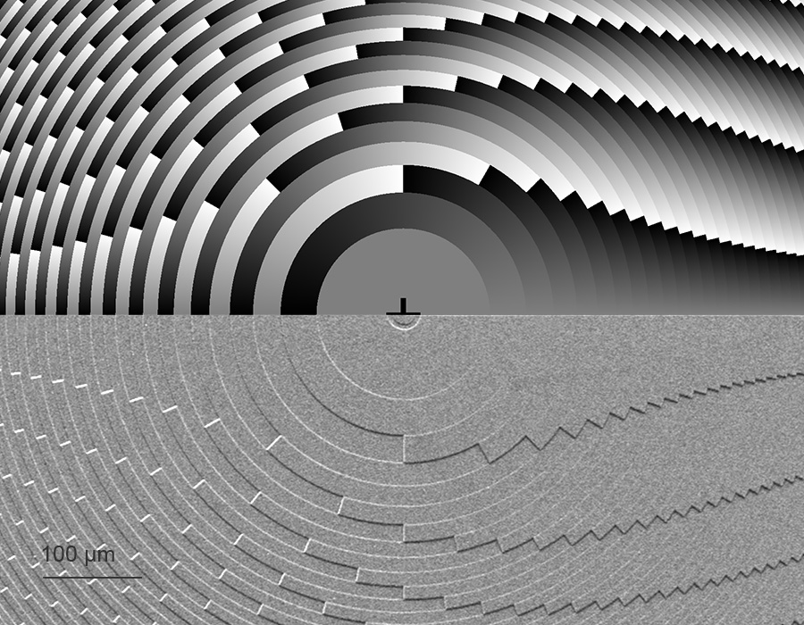 Grayscale design and print of a moiré lens fabricated by 2GL. This diffractive lens can be used to adjust the focus length and showcases the power of single voxel tuning enabled by 2GL to achieve the perfect nanostructures defined by the grayscale design