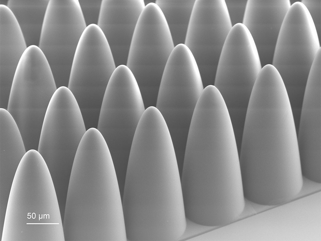 Master template fabricated with Quantum X litho using Two--Photon Grayscale Lithography, featuring a high aspect ratio microlens array with submicron shape accuracy and optical-grade surface quality