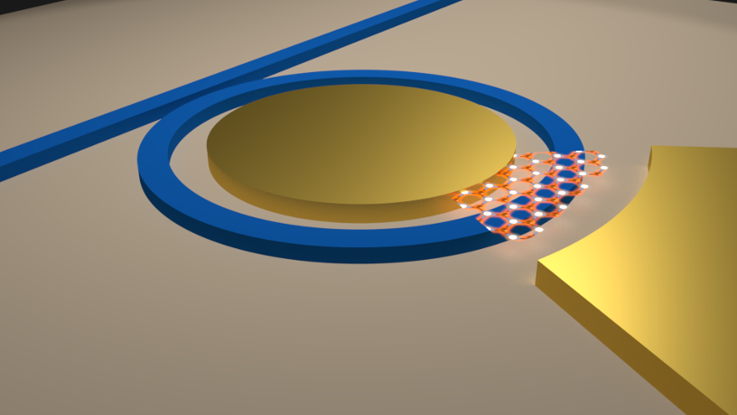 Illustration of an integrated micro-ring resonator based low loss optical cavity with semiconductor 2D material on top of the waveguide
