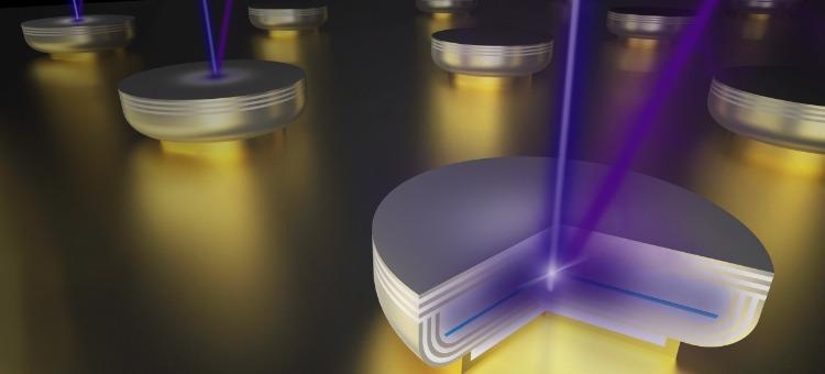 An artistic illustration of an optically pumped ultraviolet B (UVB) vertical-cavity surface-emitting laser (VCSEL).