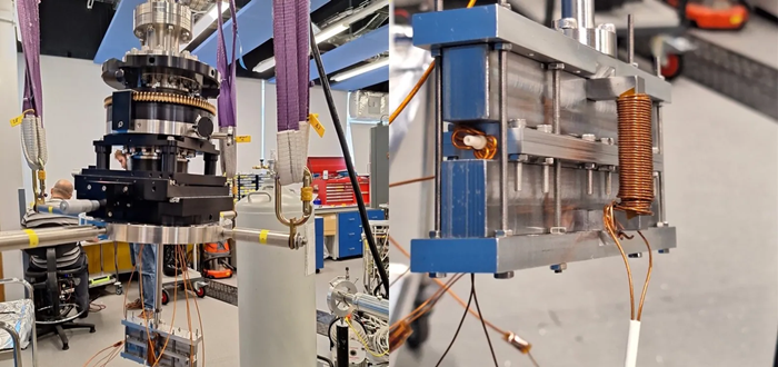 Left: The magnetic encoding device lifted by a crane before being attached to beam line. Right: A close-up of the magnetic encoding device before it was attached. The atomic beam enters the device through the hollow white ceramic tube shown. Image Credit: Morgan Lowe New Technique for Faster Imaging