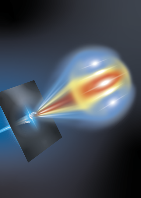 A structured beam of electron beamlets (modulated group of white spheres) passes through a metallic foil from left to right creating coherent optical transition radiation