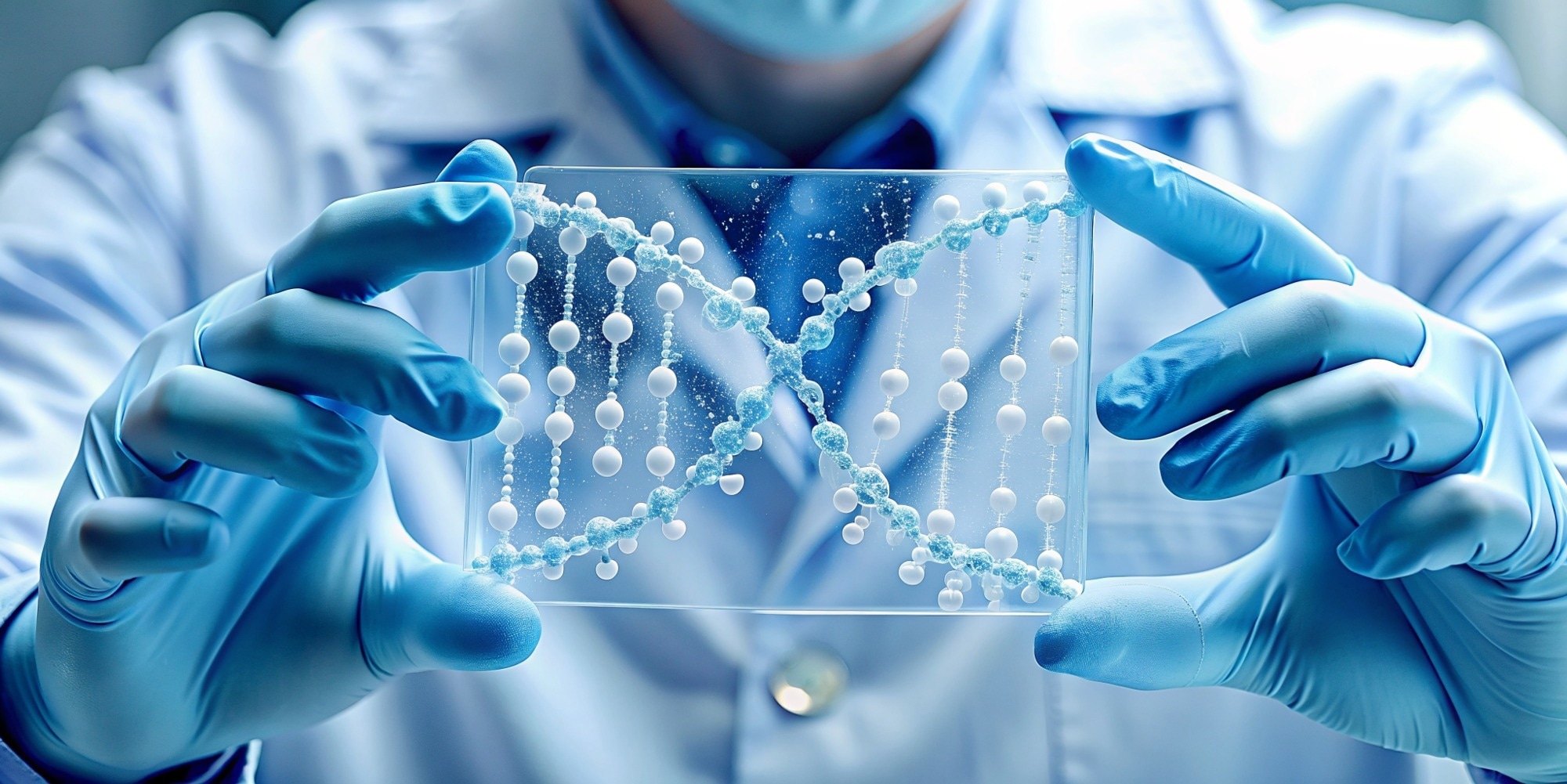 Close up scientist hands holding test tubes with DNA gel.