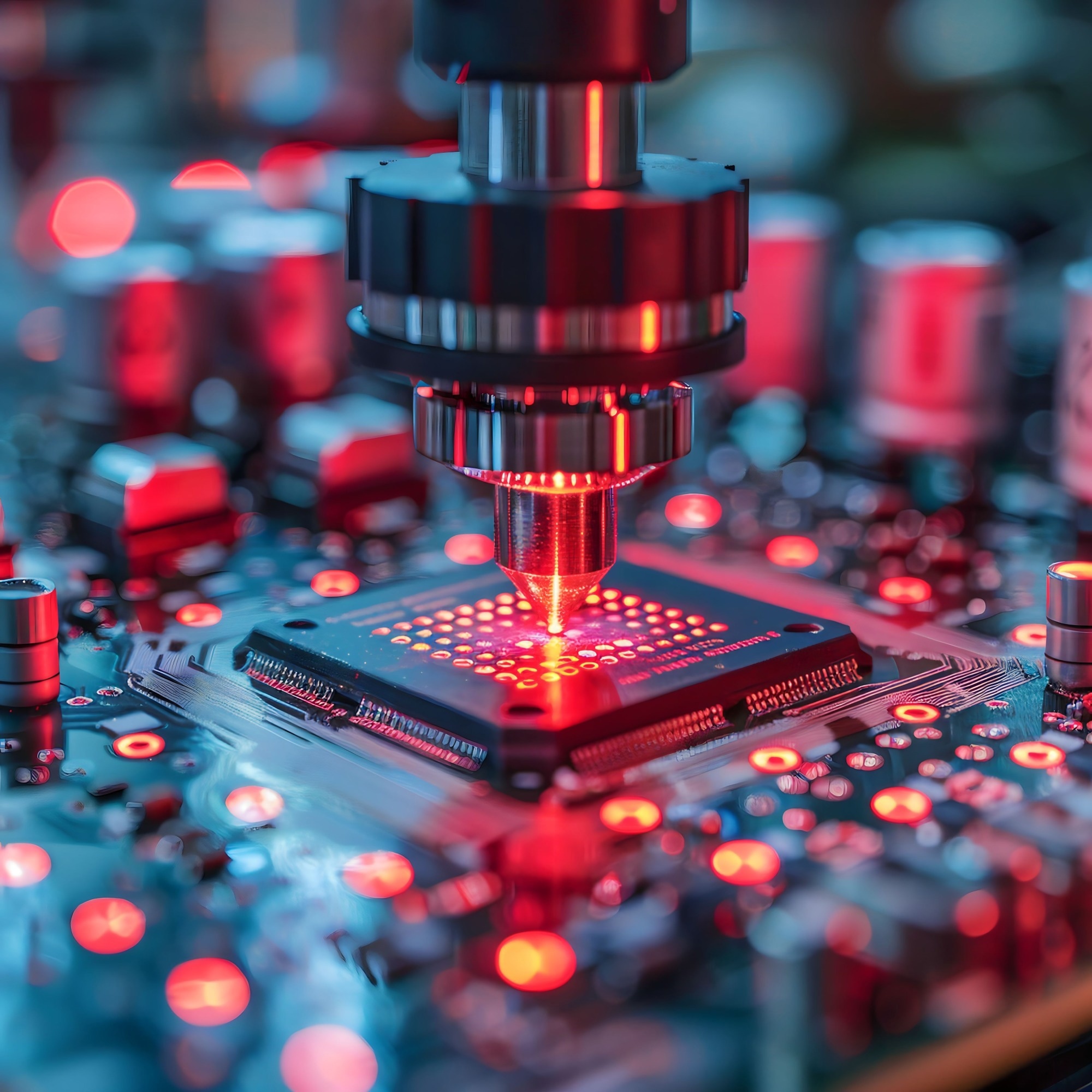 Close-up of a microscope focusing on a microchip with red laser light illuminating the surface. The image shows intricate details of a circuit board with components and glowing red lights.