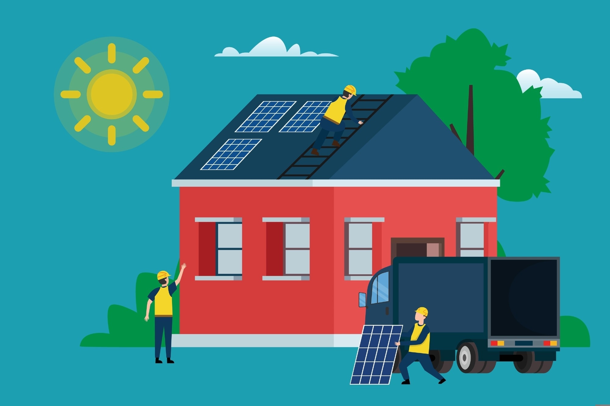 An illustration of workers installing solar panels on the roof of a red house under a bright sun. One worker is climbing a ladder to the roof, another is unloading a solar panel from a truck, and a third is standing on the ground waving. The scene includes a green tree and clear skies, representing renewable energy and sustainability.