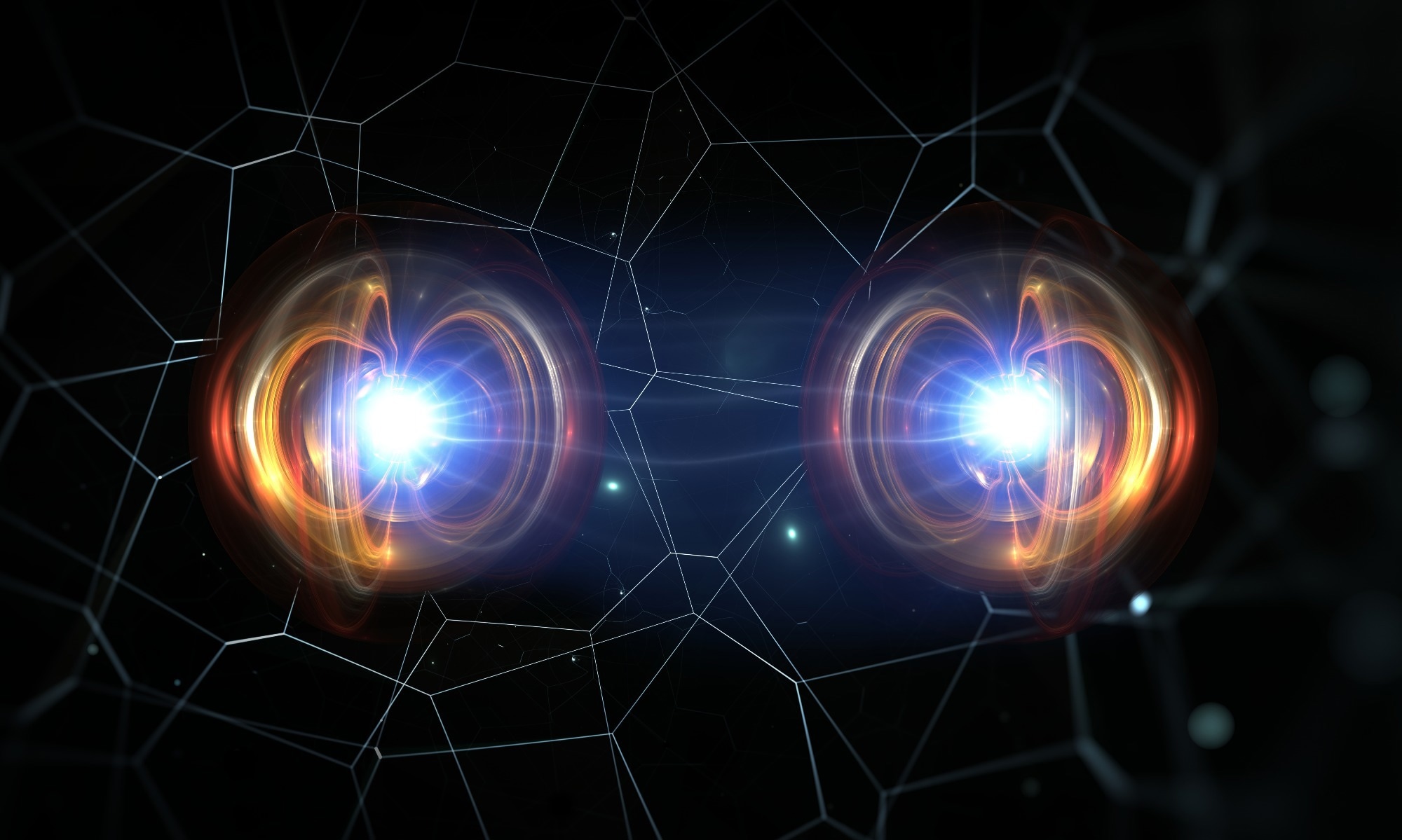 Abstract visualization of quantum interactions with glowing molecular structures and interconnected networks.