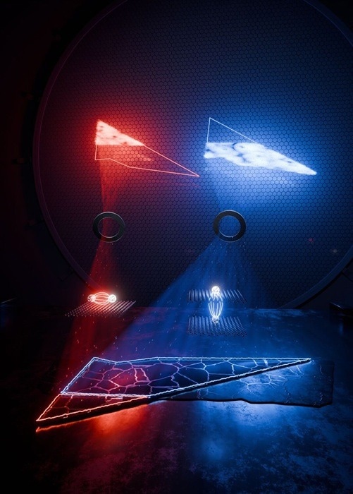 Artistic representation showing how the newly developed technique – Ultrafast Dark-field Momentum Microscopy – allows both bright excitons (shown in red) and dark excitons (shown in blue) to be analyzed.