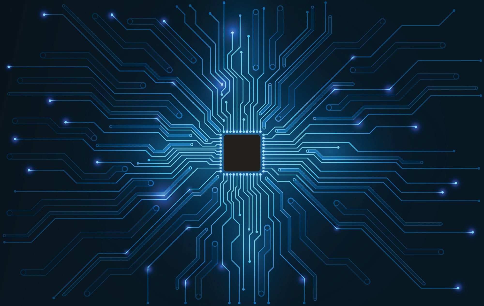 Abstract digital image of a computer circuit board with blue glowing lines and a central chip.