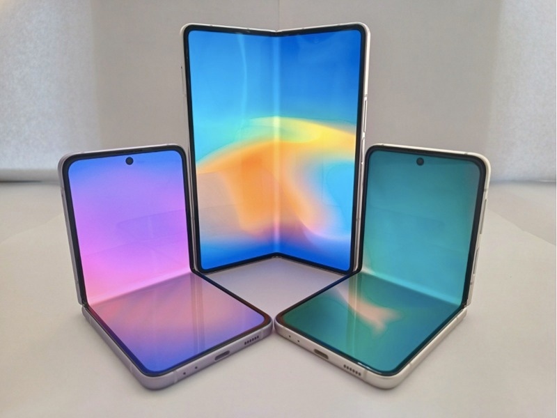 The image shows three foldable smartphones in varying stages of opening, displaying their flexible OLED screens. The devices are positioned in a way that demonstrates their ability to fold and unfold, with two phones partially open and one fully open. The screens exhibit a gradient of colors, primarily blue and purple, showing the flexibility and design of the display.