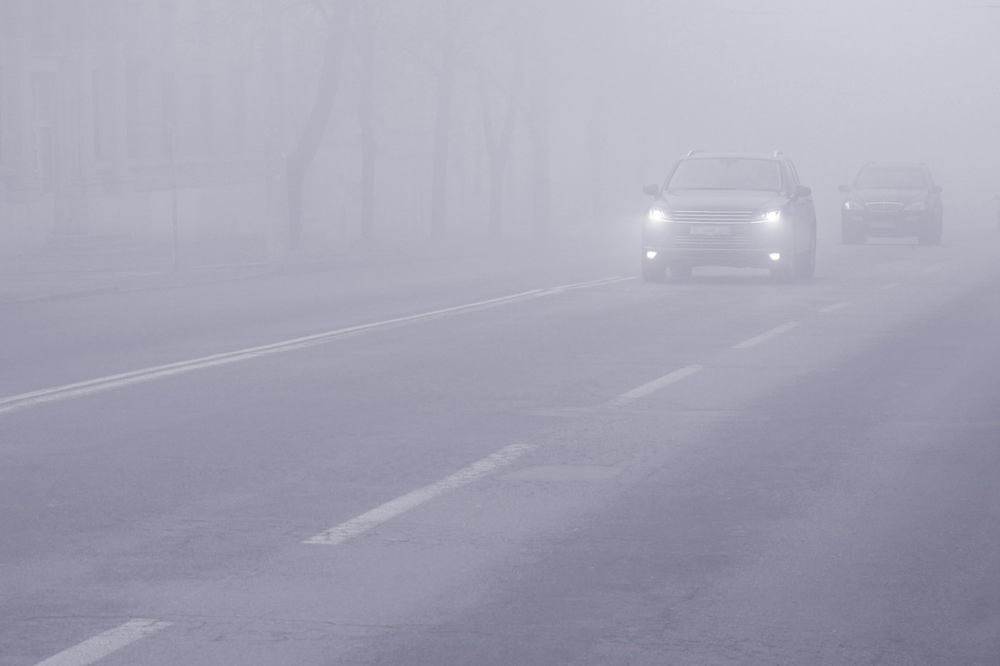 Car Driving in Dense Fog.