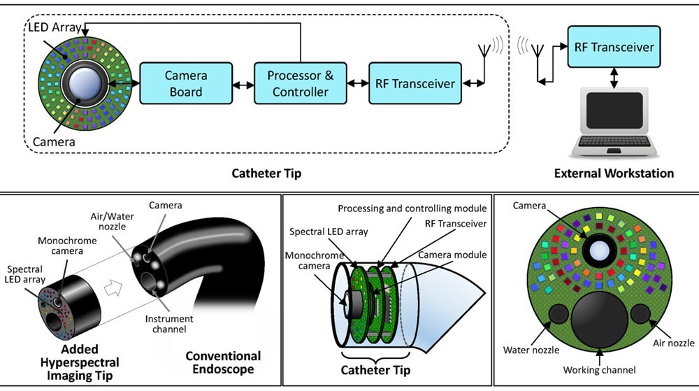 The proposed hyperspectral endoscopic imaging system includes a spectral LED array in the catheter tip.