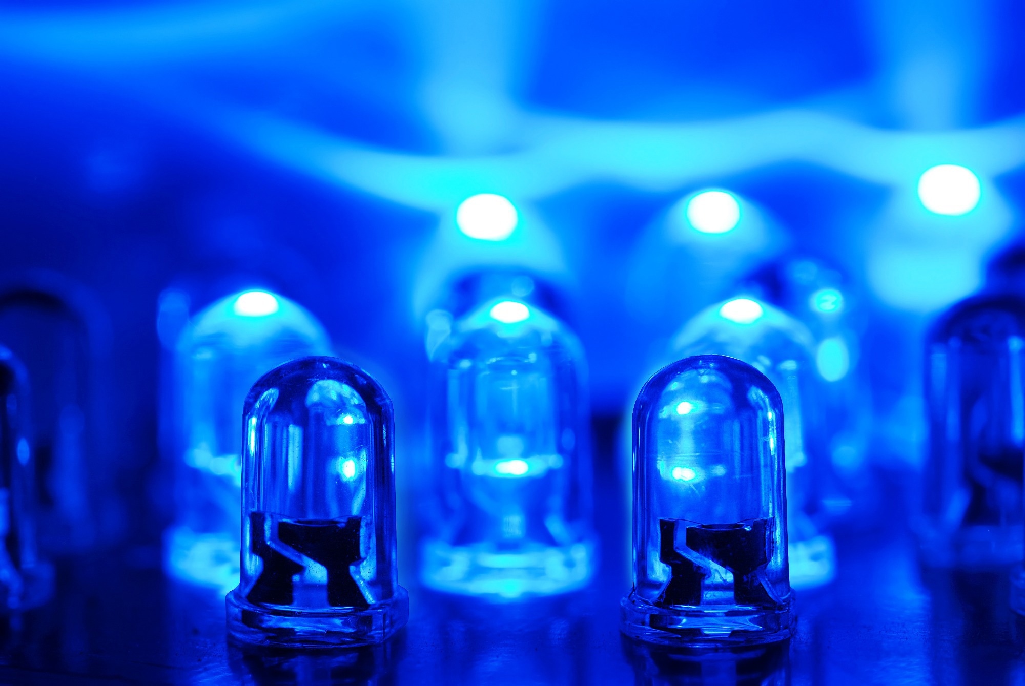 Image of blue LEDs against a bright blue background.