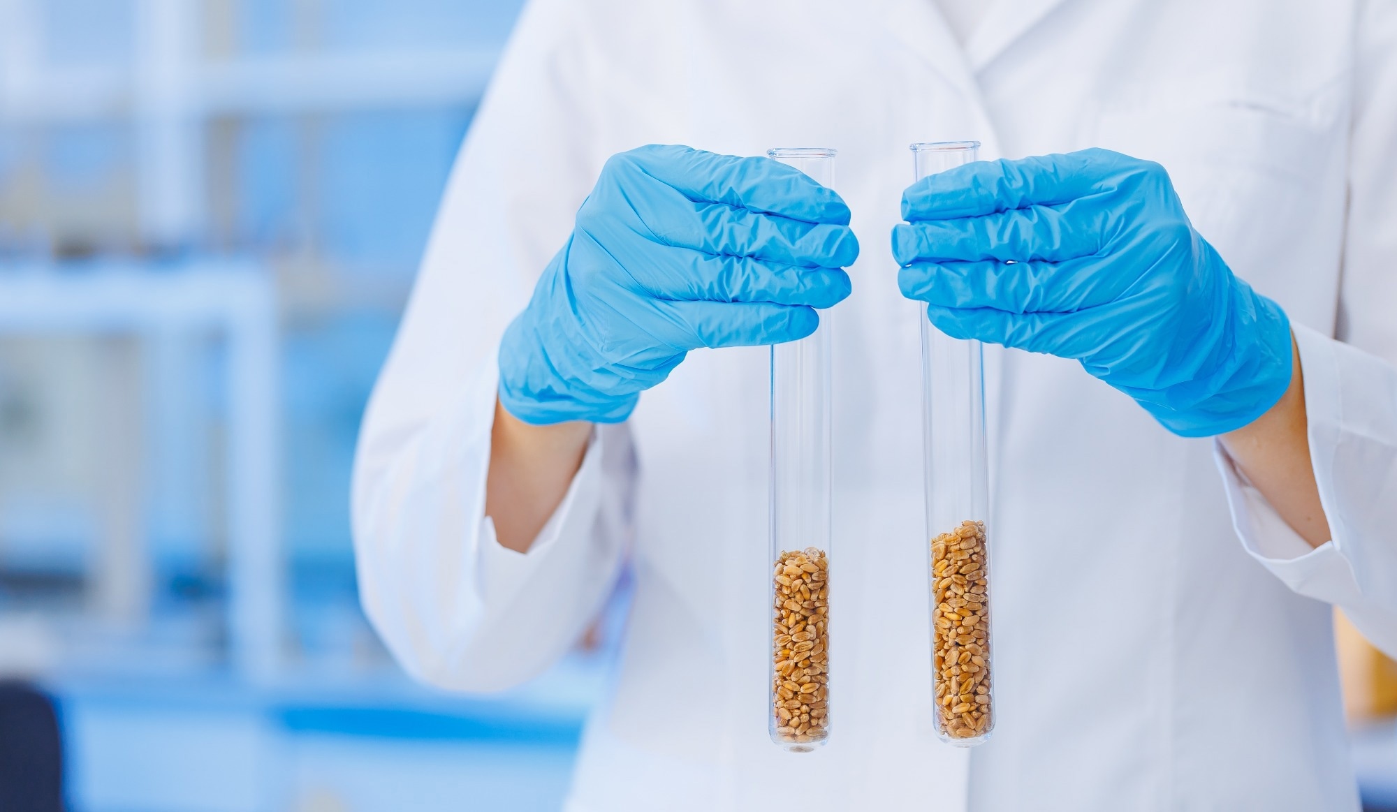 food testing, person holding up tubes with food inside with blue gloves on