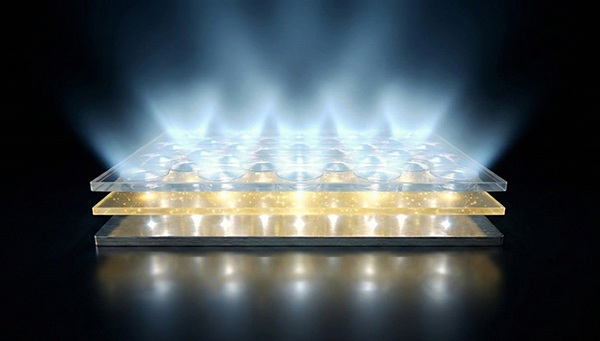 The OLED experimental equipment. It shows several pieces of translucent/transparent material with light shining through and upwards.