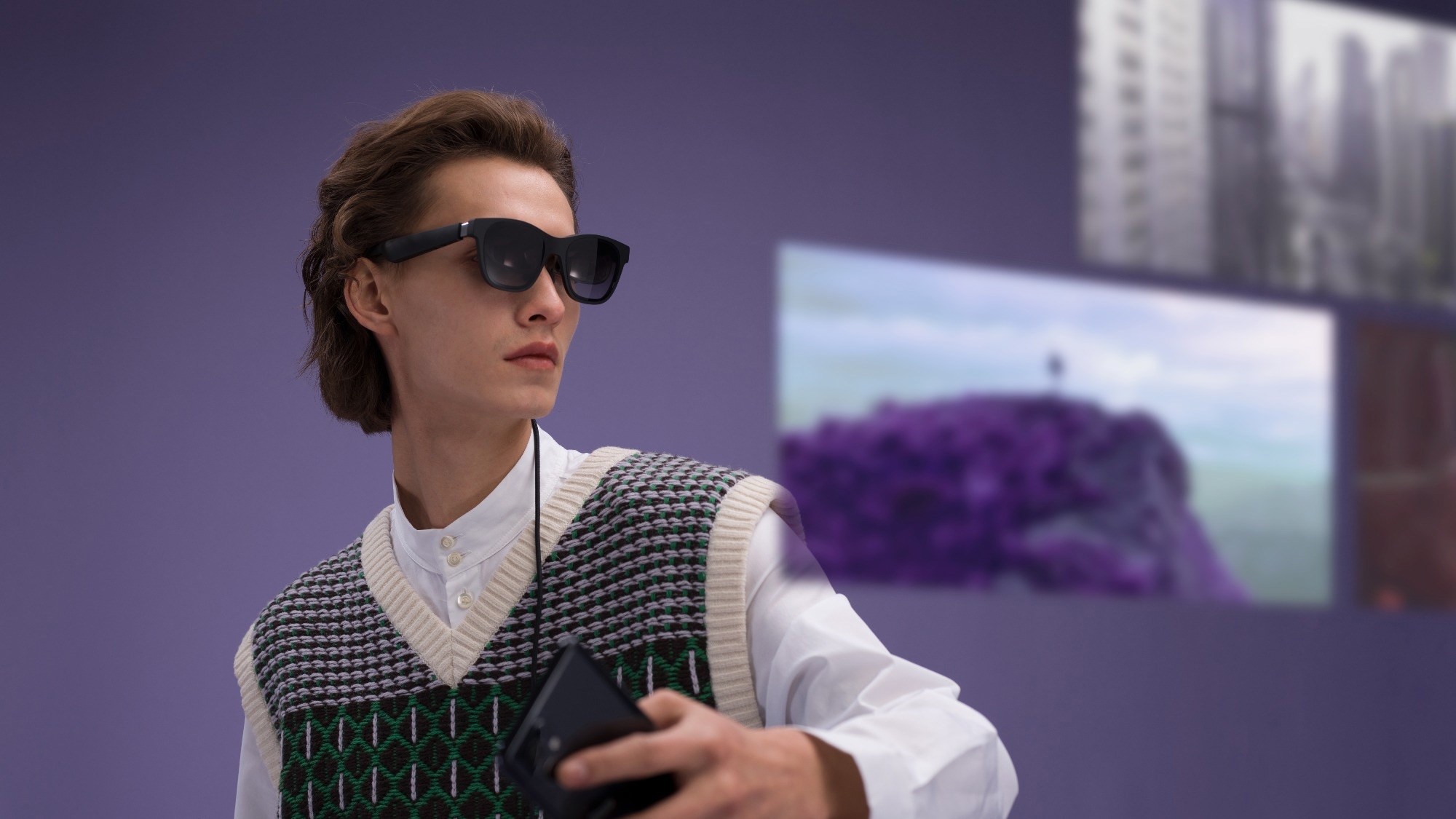 A person wearing smart AR glasses