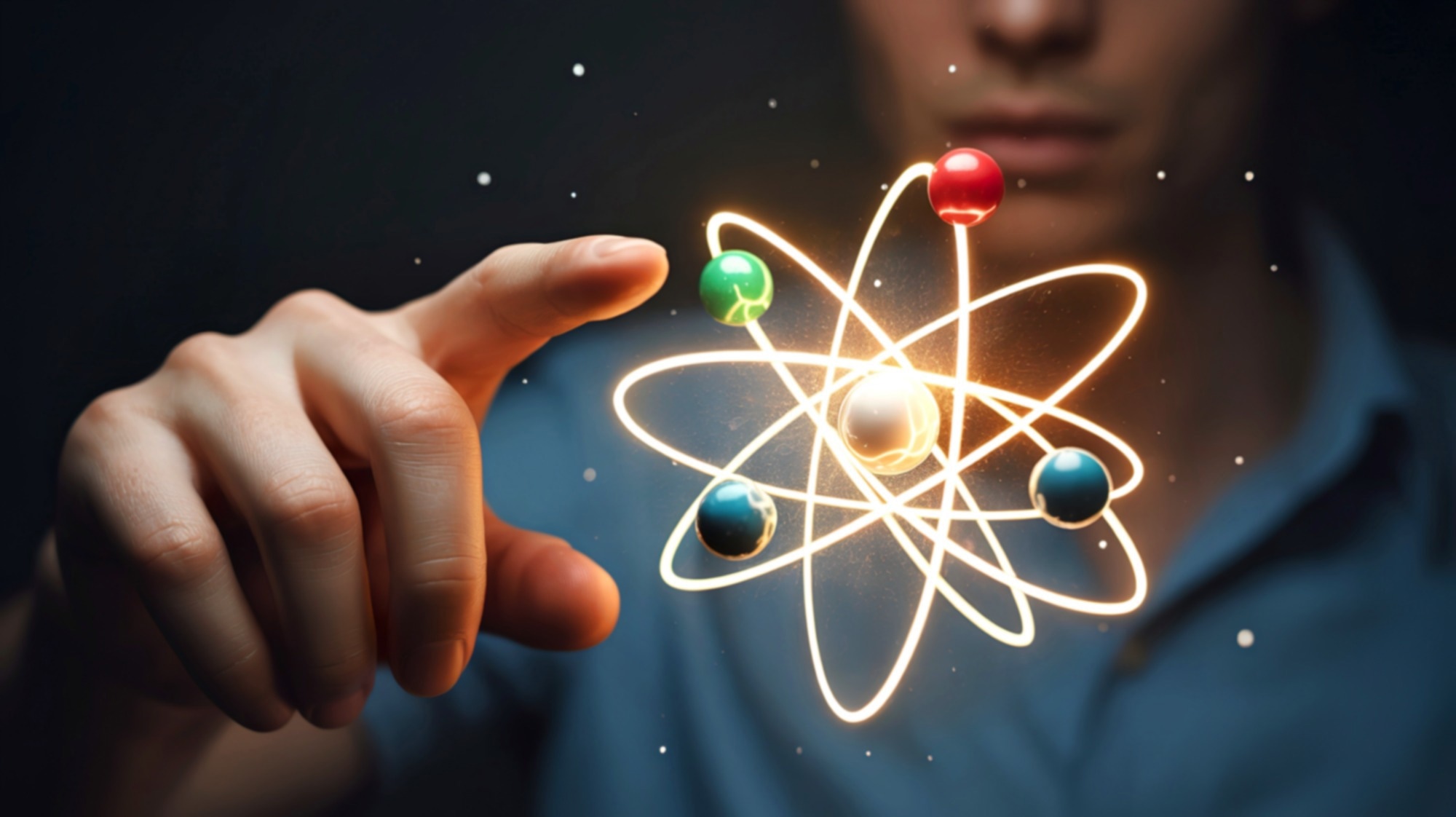 A person interacting with a three-dimensional rendering of an atom