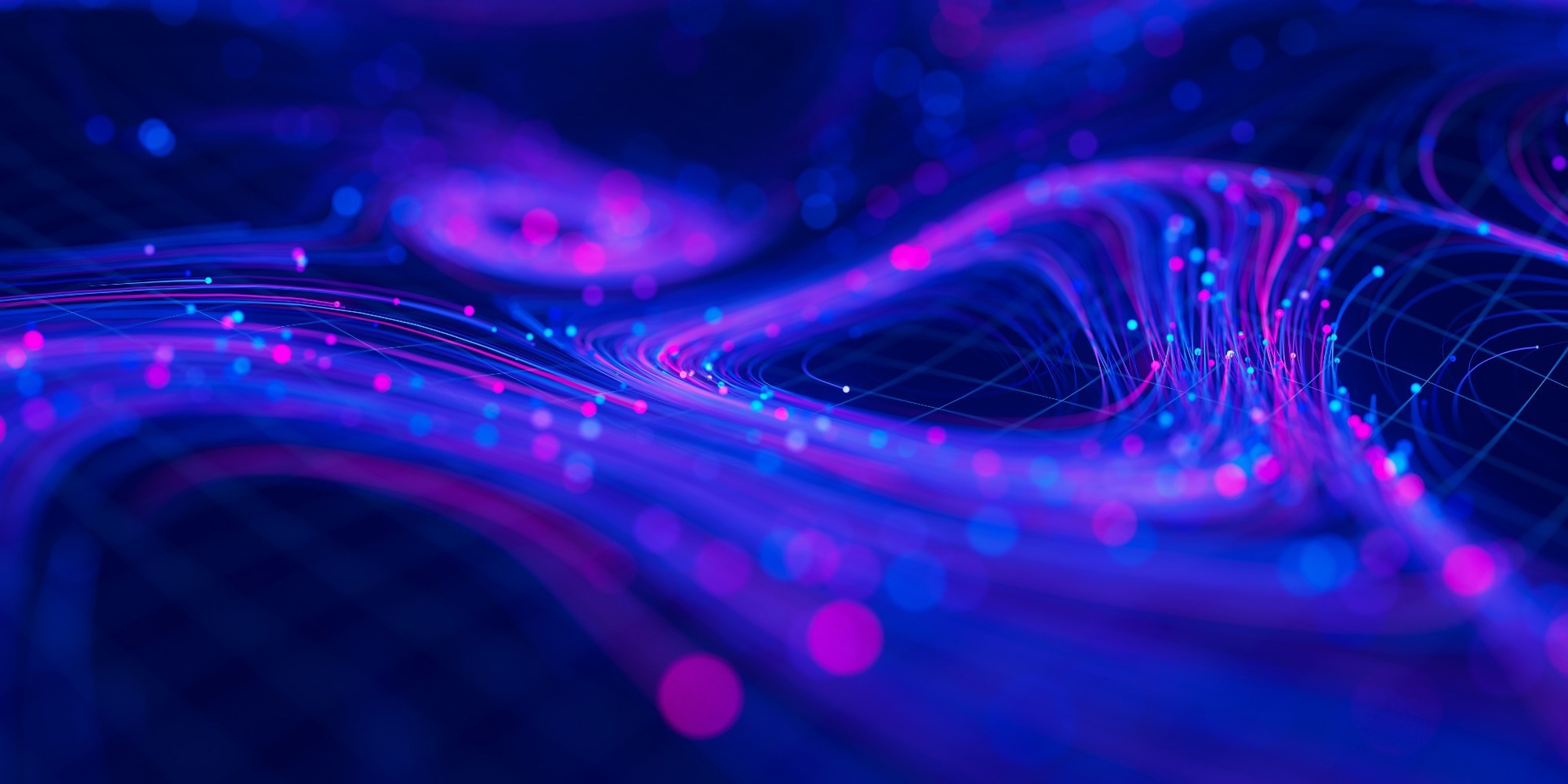 Closeup of Big data swirl patterns in futuristic cyberspace. Whirl flow of data in quantum digital network. Neon qubit stream with DOF. 3D Illustration